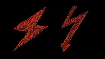 Two red voltage symbols on a black background. Free writing from the lightning icon. Flashes of electric current and lightning video