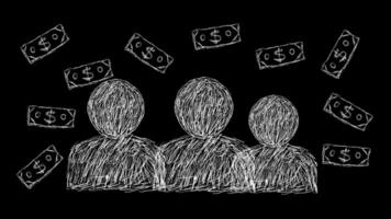 Symbol of three people with dollar bills designed with random pencil strokes. Illustration of cooperation to build a business video
