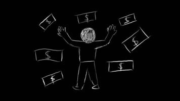 Illustration of a successful person with a happy expression and surrounded by dollar bills. The businessman image is designed with handwriting in white ink on a black background video