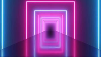 Neon glowing tunnel with fast moving blue and purple light lines. Background futuristic corridor with neon lights. Seamless loop 3d rendering, modern neon light video
