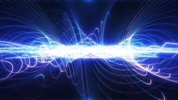 Abstract futuristic background of hi-tech swirling lines of particles with wave energy. Bright light spirals video