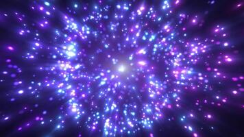 Animation of abstract glowing glitter particles with light rays. Flying bright dots, dust particles on a colored background. Bright colorful background of particles. seamless loop video