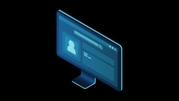 Isometric monitor animation. Computer monitor isometric desktop. Modern monitor. 4K animated in isometric style. Transparent background with alpha channel video