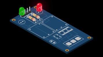 Isometric electronic board animation. Isometric printed circuit board with electronic components. Electronic components and integrated circuit board. Transparent background with alpha channel video