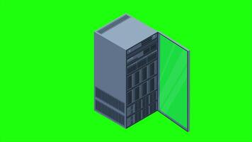 Isometric server animation. Server racks. Server boxes isolated. Network server room. Computer network technology. 4K animated in isometric style video
