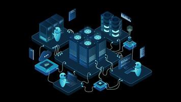 Isometric data center or server room animation. Data center connection network. Cloud storage. Isometric high technology concept. Transparent background with alpha channel video