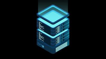 Isometric futuristic server animation. Isometric database or data center. Abstract blockchain. Computer storage. Cloud storage. Transparent background with alpha channel video