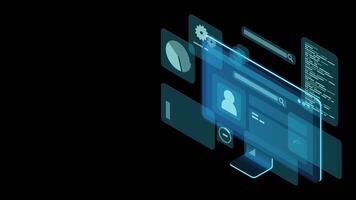 Computer monitor animation with blue virtual holographic projections with graphs and charts for data analysis. Analytics data on monitor. Transparent background with alpha channel video