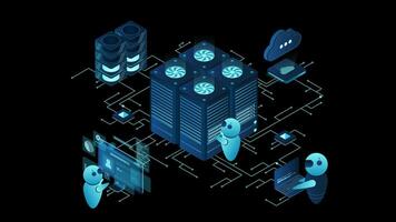 Data center and web hosting isometric concept animation. Cloud computing storage. Isometric server room rack. Transparent background with alpha channel video