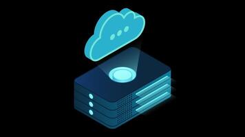 Isometric cloud database animation. Cloud computing and file cloud storage. Modern technology. Motion graphic. Transparent background with alpha channel video