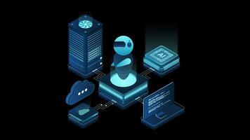 Artificial intelligence robot animation. System analysis. Big data processing. Machine learning technology. 4K animated in isometric style. Transparent background with alpha channel video