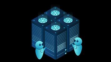 Isometric futuristic server animation. Isometric database or data center. Abstract blockchain. Computer storage. Cloud storage. Transparent background with alpha channel video