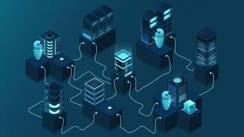 3d isometric concept big data center animation with server. Cloud computing. Network mainframe infrastructure. Isometric high technology concept. 4K animated in isometric style video