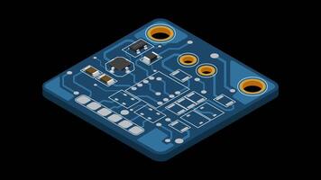 Isometric electronic board animation. Isometric printed circuit board with electronic components. Electronic components and integrated circuit board. Transparent background with alpha channel video
