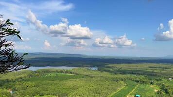 view of a lush green landscape, captured from a high vantage point. The vast expanse of forest stretches to the horizon, interspersed with lakes and rivers under a clear blue sky with scattered clouds video