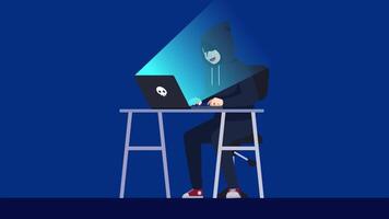 hacker com computador portátil computador roubando senhas e quebra dentro confidencial dados 2d desenho animado animação video
