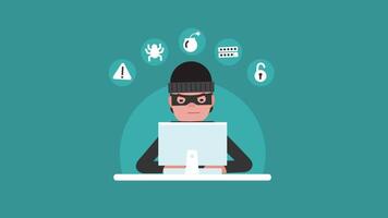 hacker com computador portátil computador roubando senhas e quebra dentro confidencial dados 2d desenho animado animação video