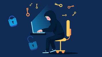 hacker com computador portátil computador roubando senhas e quebra dentro confidencial dados 2d desenho animado animação video