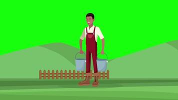 Farmer Holding Bucket In Both Hands On Greenscreen Background 2D Cartoon Animation video