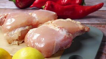 Delicious Fresh Chicken Thighs with Zesty Lemon and Spicy Red Chilies on a Rustic Wooden Background video