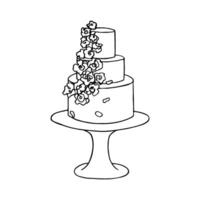 Triple layer wedding cake decorated with flowers on a high stand - hand drawn outline sketch vector