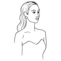 beautiful woman with long flowing hair slicked back half up, doodle portrait in three quarters - hand drawn outline sketch vector