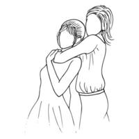 drawing of two young women one of whom hugs the other from behind both turned to the camera, portrait without a face - hand drawn sketch vector