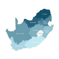 isolated illustration of simplified administrative map of South Africa. Borders and names of the regions. Colorful blue khaki silhouettes. vector