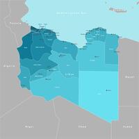 modern illustration. Simplified administrative map of State of Libya. Border with nearest states Algeria, Egypt, Sudan, etc. White background of Mediterranean sea. Names of cities and regions vector