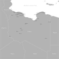 modern illustration. Simplified administrative map of State of Libya. Border with nearest states Algeria, Egypt, Sudan, etc. White background of Mediterranean sea. Names of cities and regions vector