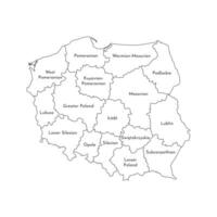 isolated illustration of simplified administrative map of Poland. Borders and names of the provinces, regions. White silhouettes, black outline. White outline. vector