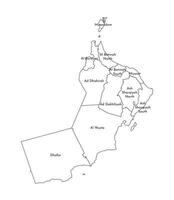 isolated illustration of simplified administrative map of Oman. Borders and names of the regions, governorates. Black line silhouettes vector