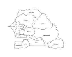 isolated illustration of simplified administrative map of Senegal. Borders and names of the regions. Black line silhouettes. vector