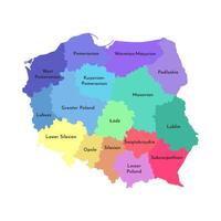 isolated illustration of simplified administrative map of Poland. Borders and names of the provinces, regions. Multi color silhouettes. vector