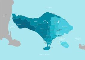 modern illustration. Simplified administrative map of Bali, Indonesia. Border with nearest islands Java, Nusa Penida and etc. Blue background of seas. Names of cities, villages and Regencies vector