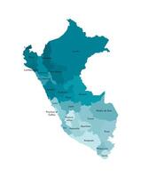 isolated illustration of simplified administrative map of Peru. Borders and names of the departments, regions. Colorful blue khaki silhouettes vector