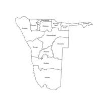 isolated illustration of simplified administrative map of Namibia. Borders and names of the regions. Black line silhouettes. vector