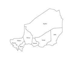 isolated illustration of simplified administrative map of Niger. Borders and names of the regions. Black line silhouettes. vector
