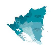 isolated illustration of simplified administrative map of Nicaragua. Borders and names of the departments, regions. Colorful blue khaki silhouettes vector