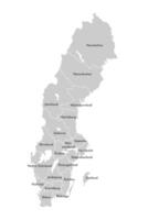 isolated illustration of simplified administrative map of Sweden. Borders and names of the counties, regions. Grey silhouettes. White outline. vector