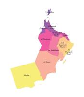 isolated illustration of simplified administrative map of Oman. Borders and names of the regions, governorates. Multi colored silhouettes. vector