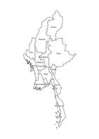 isolated illustration of simplified administrative map of Myanmar. Borders and names of the regions. Black line silhouettes. vector