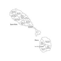 isolated illustration of simplified administrative map of Saint Kitts and Nevis. Borders and names of the parishesl, regions. Black line silhouettes. vector