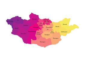 isolated illustration of simplified administrative map of Mongolia. Borders and names of the regions. Multi colored silhouettes. vector