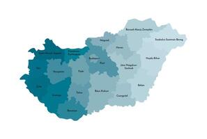 isolated illustration of simplified administrative map of Hungary. Borders and names of the regions. Colorful blue khaki silhouettes. vector