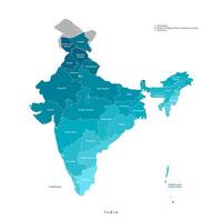 modern isolated illustration. Simplified administrative blue map of India. White background. Names of regions, borders vector