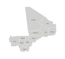 isolated illustration of simplified administrative map of Mali. Borders and names of the regions. Grey silhouettes. White outline vector