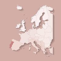 illustration with european land with borders of states and marked country Portugal. Political map in brown colors with western, south and etc regions. Beige background vector