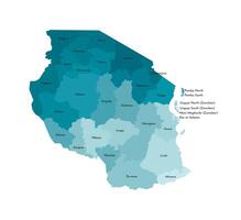 isolated illustration of simplified administrative map of Tanzania. Borders and names of the regions. Colorful blue khaki silhouettes vector
