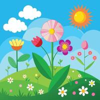 a cartoon illustration of flowers and sun vector